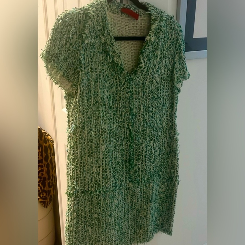 🔥Beautiful, Classic CH by Carolina Herrera Green & White Tweed Mini Dress Size 8 - Picture 6 of 15